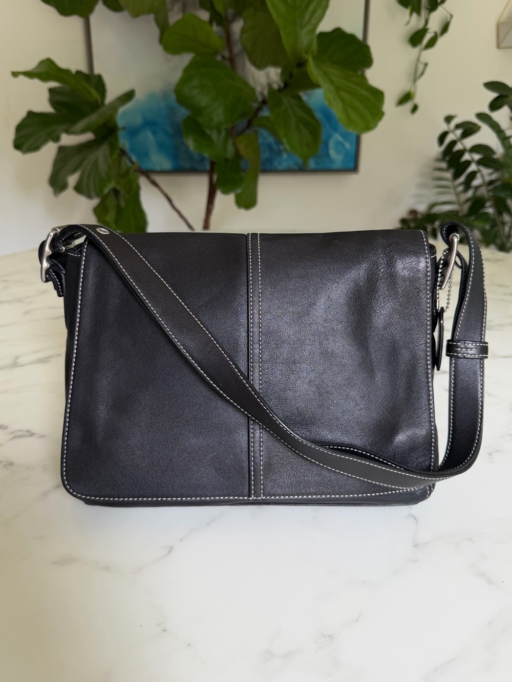 Coach Vintage Hamptons Flap Messenger Crossbody Shoulder Bag Black Leather 9570